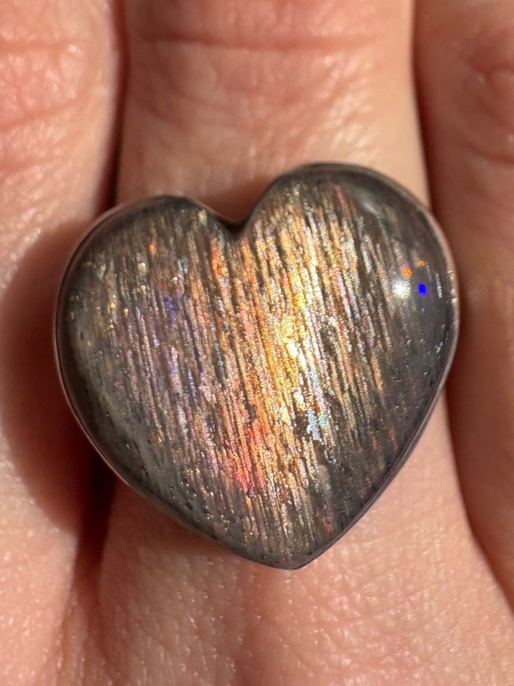 Black Sunstone Heart Ring, size 9, sterling silver - SS26